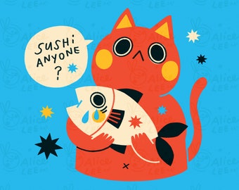 Sushi Cat | Cute Animal Art Print | Kawaii Illustration Wall Decoration