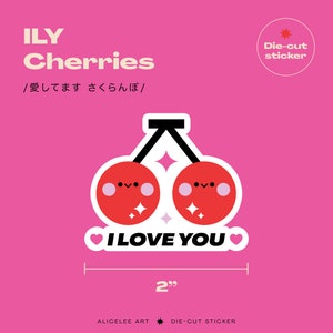 I Love You Cherries - かわいいバレンタインデーステッカー - ダイカットフードラップトップデカール