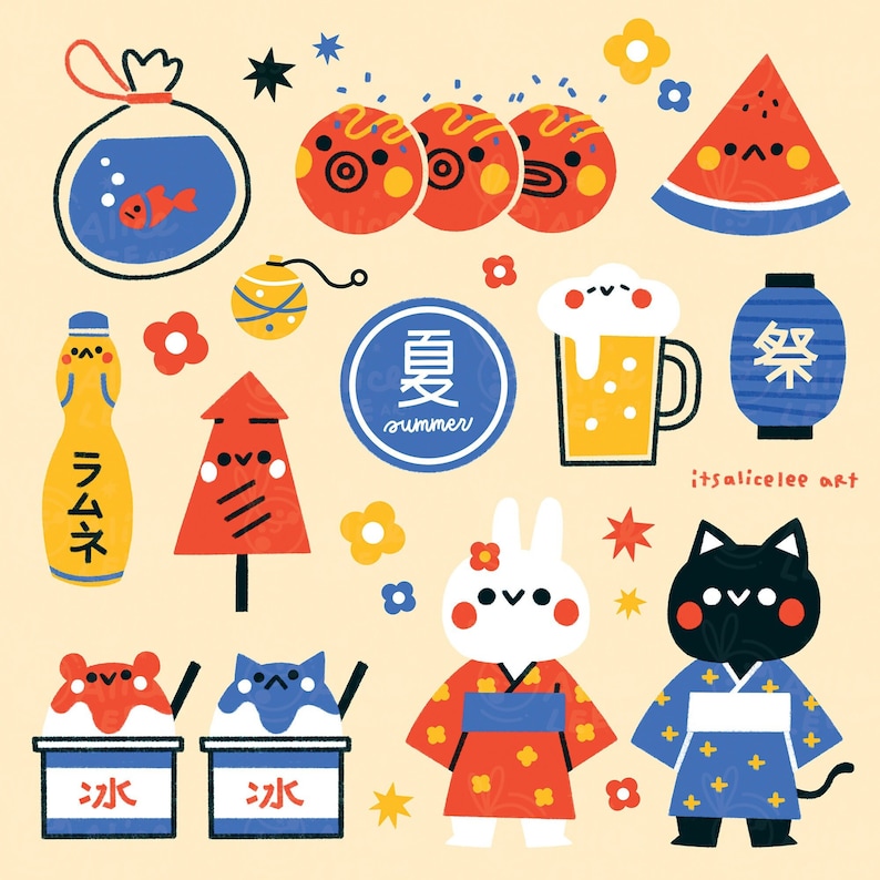 May include: A colourful illustration featuring various summer-themed icons, including a goldfish bowl, a watermelon, a beer glass, a lantern, a firecracker, a shaved ice dessert, and two characters wearing traditional Japanese clothing. The illustration is set against a light yellow background.