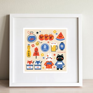 May include: A colourful illustration of summer-themed items, including a goldfish bowl, watermelon, fireworks, a bottle of Ramune soda, a beer mug, and two cats wearing yukata. The illustration is set against a light beige background.
