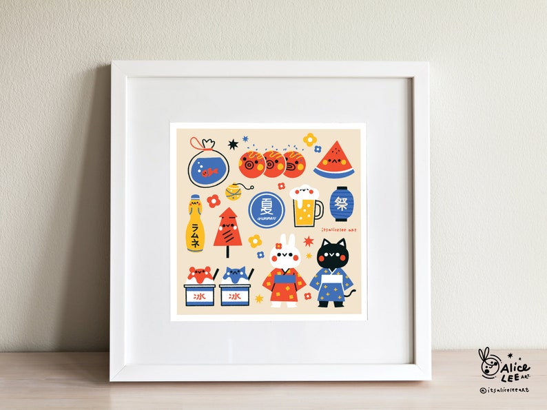 May include: A colourful illustration of summer-themed items, including a goldfish bowl, watermelon, fireworks, a bottle of Ramune soda, a beer mug, and two cats wearing yukata. The illustration is set against a light beige background.