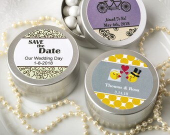 Set of 50 50 Personalized Metallic Foil Silver Metal Mint Tin With Solid Silver Metal Brushed Top