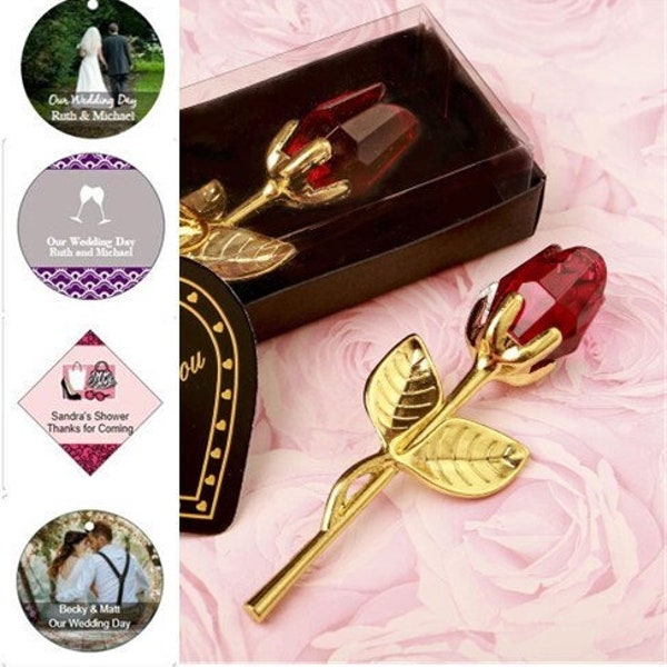 Red Crystal Rose in Gift Box w/ Optional Personalized Tags or Stickers, Gold Metal Long Stem Red Crystal Rose, Gold Crystal Rose Favor