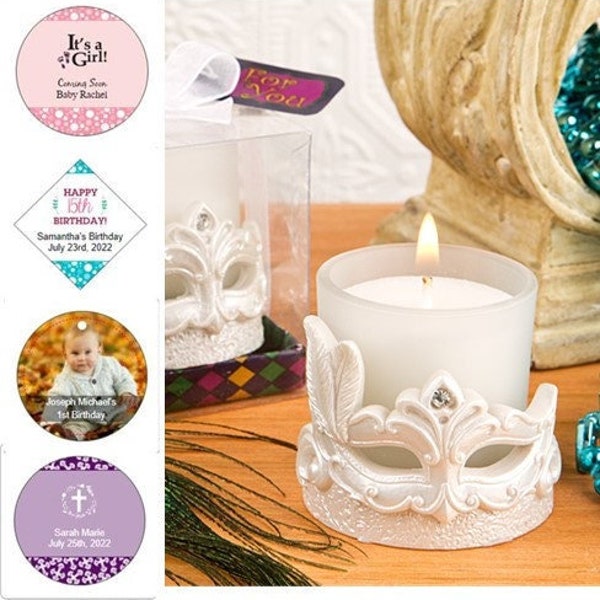 Mardi Gras Mask Candle in Gift Box w/ Optional Personalized Tags or Stickers, NOLA Themed Party Favors, New Orleans Theme Party 15484