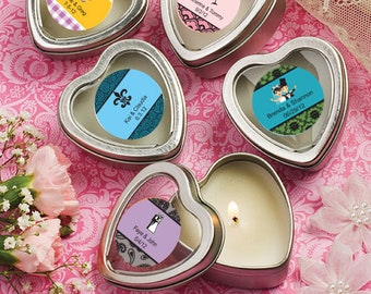 25-200 Personalized Heart Shaped Travel Candle Tin - Wedding Baby Shower Party Favors  14735ST