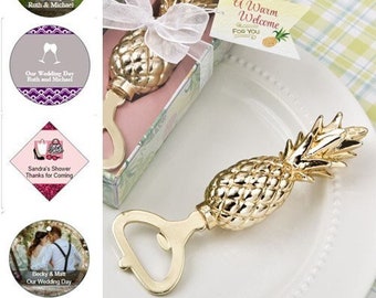 Gold Pineapple Bottle Openers in Gift Box w/ Optional Personalized Tags or Stickers, Tropical Themed Wedding Shower Party Favors  18975