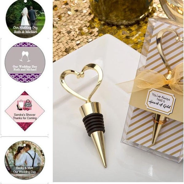 15-96 Gold Metal Heart Wine Bottle Stopper w/ Optional Personalized Tags or Stickers - Wedding Shower Party Favors  11966