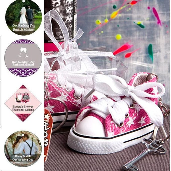 Pink Star Print Baby Sneaker Key Chain in Gift Box w/ Optional Personalized Tags or Stickers, Baby Girl, Baby Shower Party Favors 16136