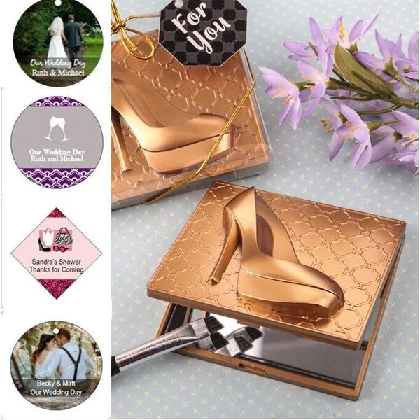 Gold High Heel Shoe Design Compact in Gift Box w/ Optional Personalized Tags or Stickers, Sweet 16, Quinceañera, Wedding Shower Favors 15980