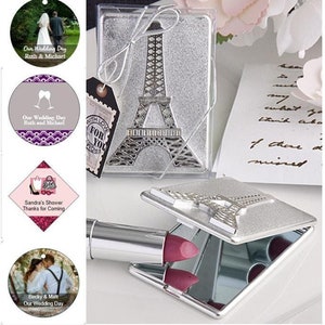 Eiffel Tower Mirror Compact in Gift Box w/ Optional Personalized Tags or Stickers, Parisian Themed Compact Wedding Shower Party Favors
