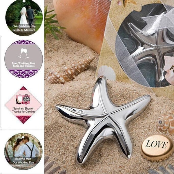 15-96 Silver Starfish Bottle Openers w/ Optional Personalized Tags or Stickers - Beach Themed Wedding Shower Party Favors  14870