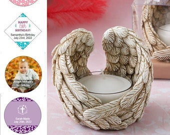 Guardian Angel Wings Tealight Candle Holder in Gift Box w/ Optional Personalized Tags or Stickers, Religious Wedding Baptism Favors 18770