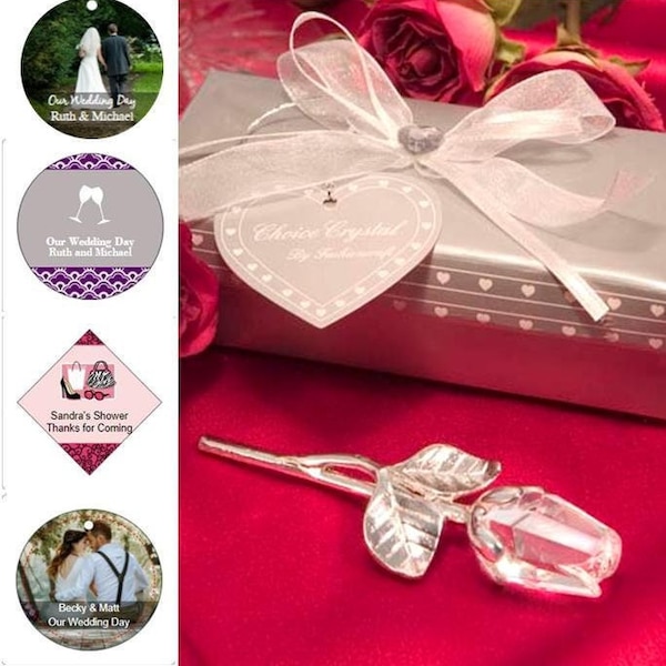 Clear Crystal Long Stem Rose in Gift Box w/ Optional Personalized Tags or Stickers, Crystal Rose Favors, Clear Rose Favor, Rose Theme  12202