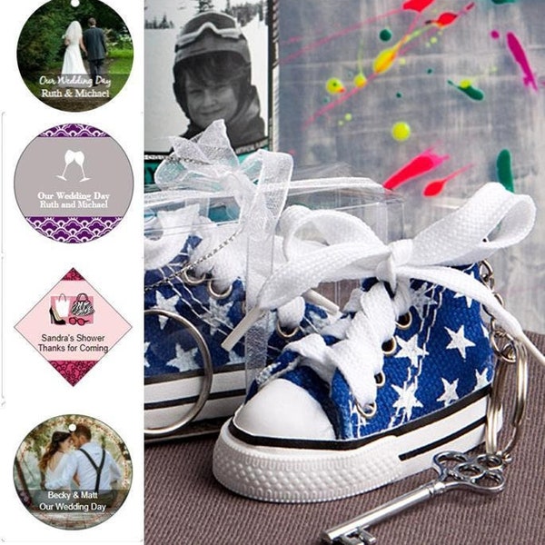 20-144 Blue Star Print Baby Sneaker Key Chain w/ Optional Personalized Tags or Stickers - Baby Boy Shower Party Favors  16135