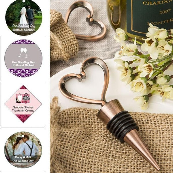 Heart Shaped Copper Wine Bottle Stoppers in Burlap Bag, Rustic Heart Bottle Stopper, Love Themed Wedding Shower Party Favors  11967