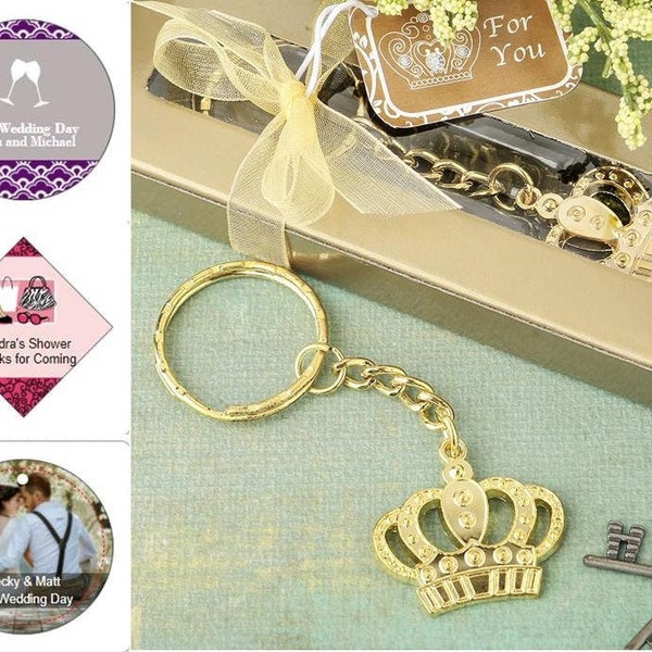 Gold Crown Design Metal Key Chain in Gift Box w/ Optional Personalized Tags or Stickers, Royal Party Favors, Princess Crown Keyring  15283
