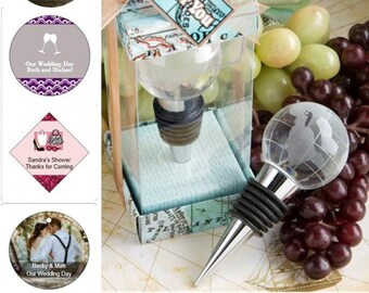 Glass Globe Wine Bottle Stopper in Gift Box w/ Optional Personalized Tag or Sticker, Etched Globe Stopper, Travel Theme Wedding Favor 11933