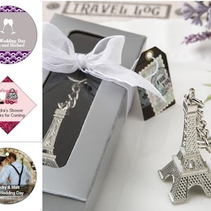 Eiffel Tower Key Chain in Gift Box w/ Optional Personalized Tags or Stickers, Parisian Metal Key Chain, Paris Themed Wedding Favor 14429