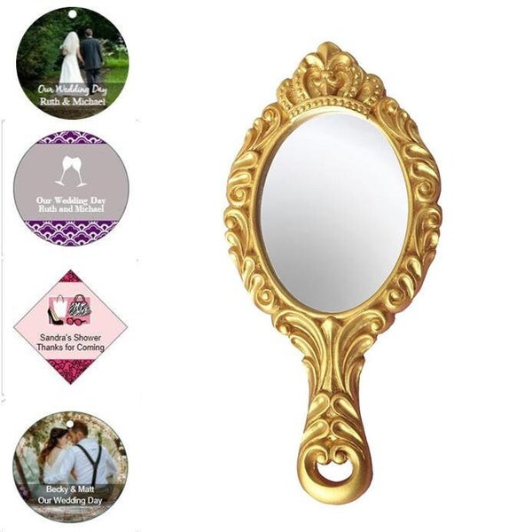10-96 Gold Princess Hand Mirror w/ Optional Personalized Tags or Stickers - Fairy Tale Wedding Bridal Shower Party Favors  18232