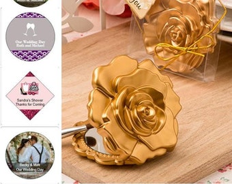 Gold Rose Compact Mirror in Gift Box w/ Optional Personalized Tags or Stickers, Sweet 16, Quinceañera, Wedding Shower Party Favors  15969