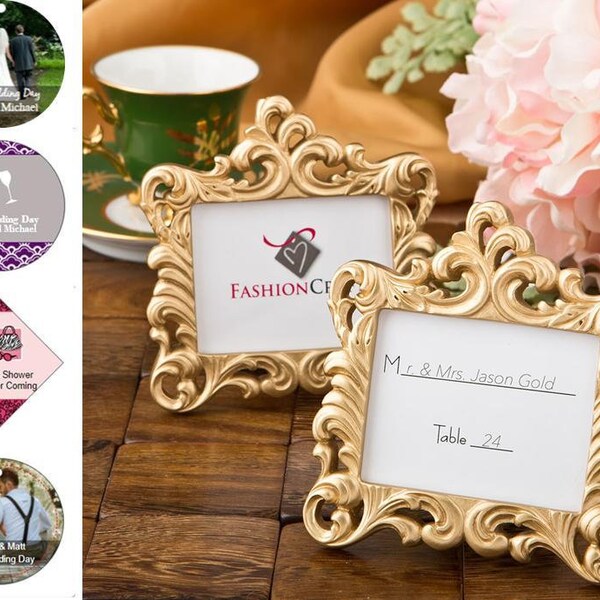 15-100 Gold Baroque-Style Frame Place Card Photo Frames w/ Optional Personalized Tags or Stickers - Wedding Shower Party Favors  18386