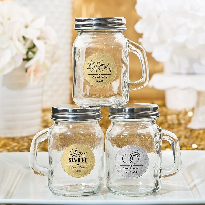 25-96 Personalized Gold or Silver Glass Mason Treat Jar w/ Handle Wedding Baby Shower Party Favors 16734SM image 1