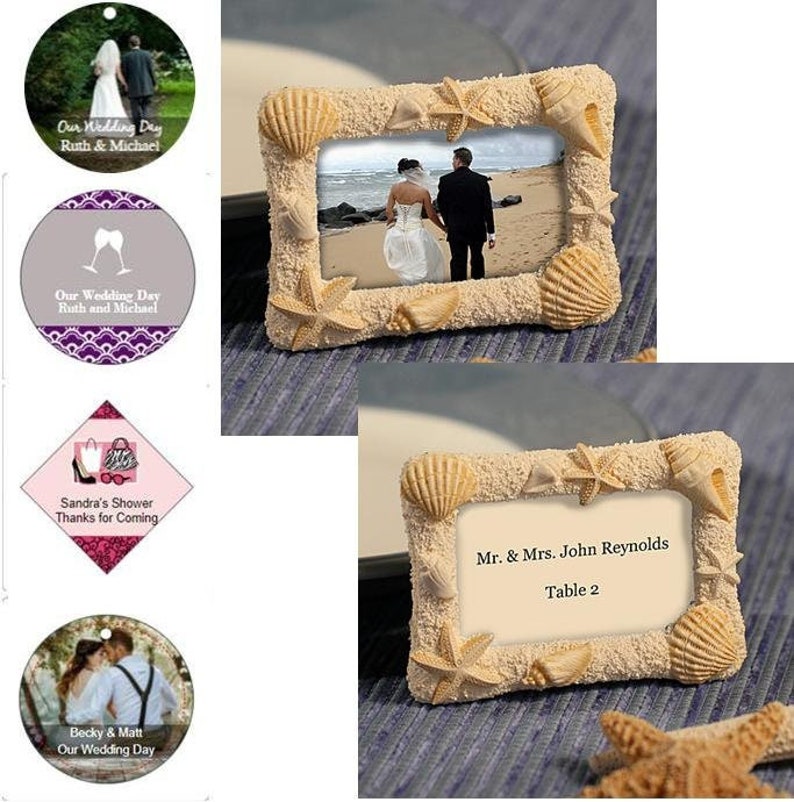 Beach Themed Place Card Photo Frame in Gift Box w/ Optional Personalized Tags or Stickers, Seashell Frame, Nautical Place Card Holder 16415 image 1