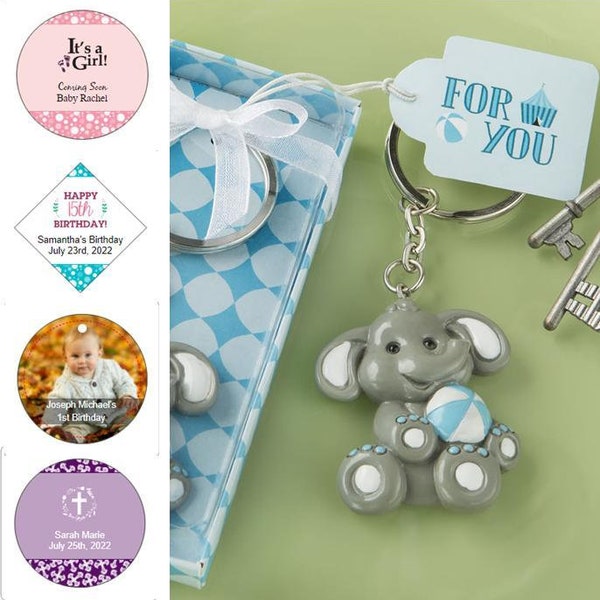 48-144 Blue Baby Elephant Key Chain w/ Optional Personalized Tags or Stickers - Baby Boy Shower Party Favors  18865