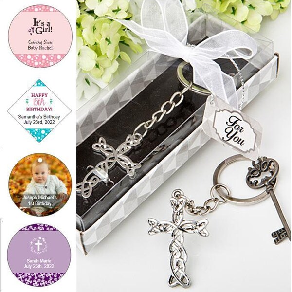 30-144 Silver Cross Intertwined Metal Key Chain w/ Optional Personalized Tags or Stickers - Christening Baby Shower Party Favors  16151
