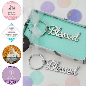 24-144 Blessed Silver Key Chain w/ Optional Personalized Tags or Stickers - Christening Baby Shower Party Favors  14272