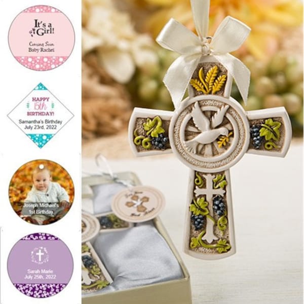 Nature's Harvest Cross Ornament in Gift Box w/ Optional Personalized Tags or Stickers, Christening Cross, Baptism Cross, Religious Theme