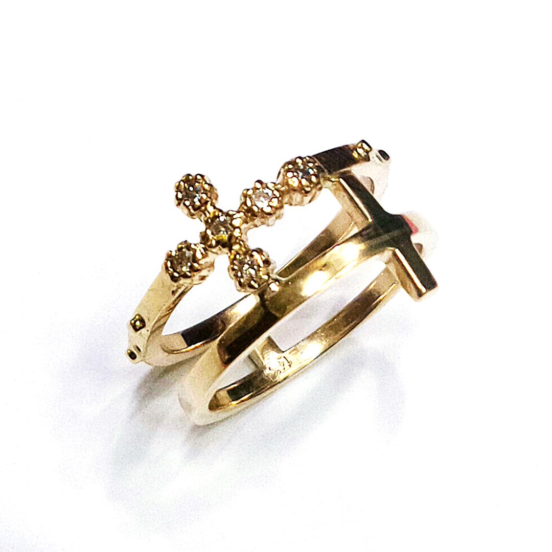 14k Solid Gold Catholic Rosary Ring/ Double Cross Ring Natural Diamond ...