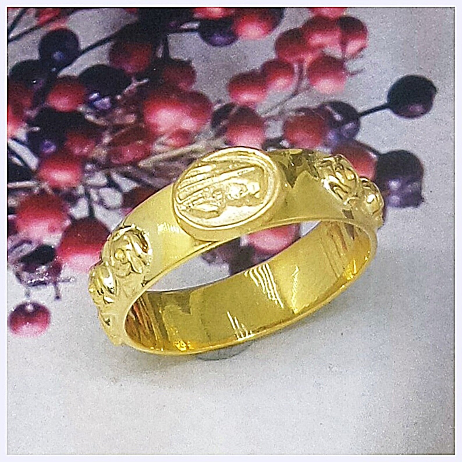 24k solid gold catholic rosary ring praying Mother Mary Etsy