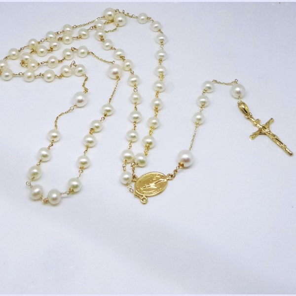 14k Goldperlen Rosenkranz Halskette Süßwasserperle handgemacht von estherleejewel 59 Stück weiß/schwarze Perle