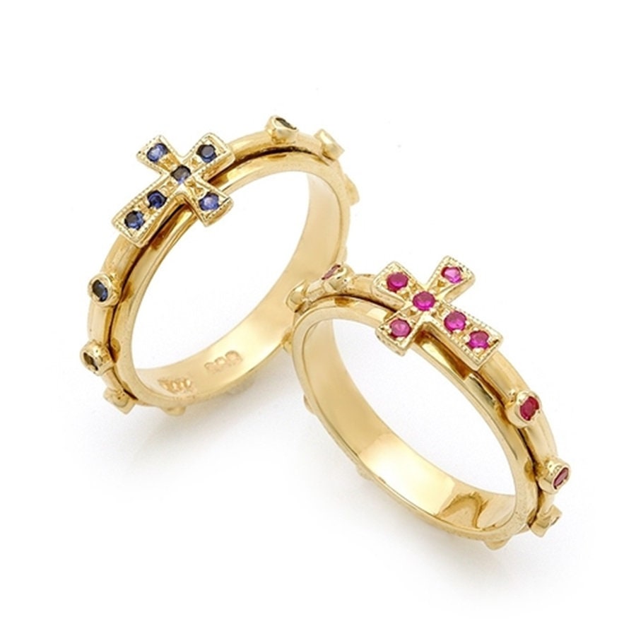 14k Gold 925 Silver Catholic Rosary Ring With Natural Ruby
