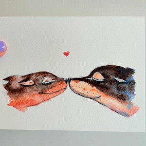 Lions de mer amoureux - Adorable carte de voeux aquarelle