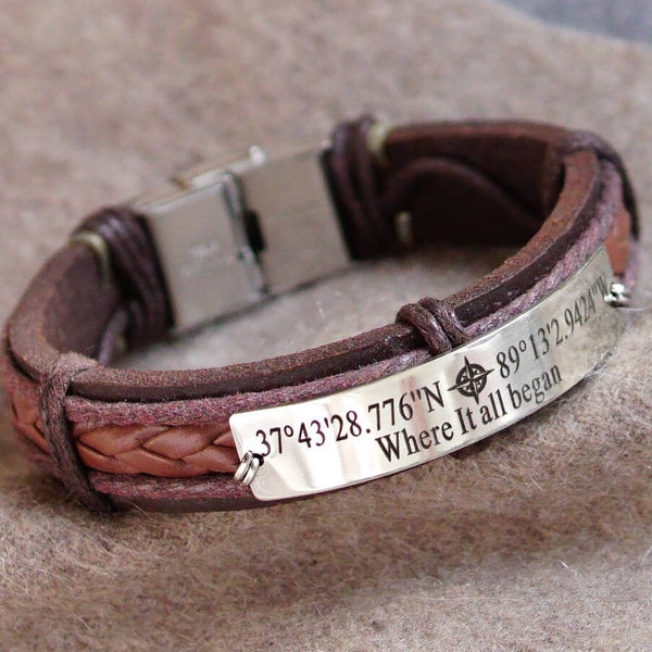 Coordinate Bracelet, Latitude Longitude Bracelet Brown Leather, Personalized Quote & Compass- Where it all began, Stainless Steel  Engraved