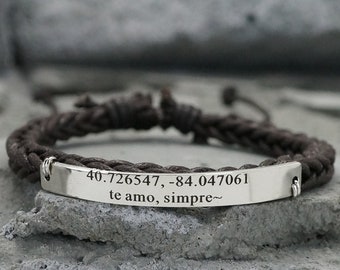 Promise Bracelets for Couples simpre Real Leather Braided Cuff Matching Latitude Longitude Splanish Quote Engraved- te amo 