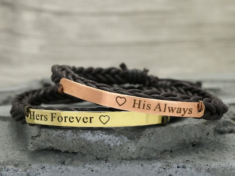 Matching Couple Bracelets Boyfriend Girlfriend Jewelry His and Her Forever Always Bracelets Engraved Bracelet Dark Brown Braided Cuff