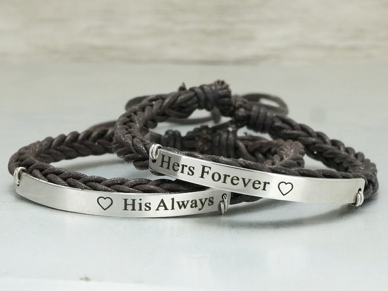 Matching Couple Bracelets Boyfriend Girlfriend Jewelry His and Her Forever Always Bracelets Engraved Bracelet Dark Brown Braided Cuff