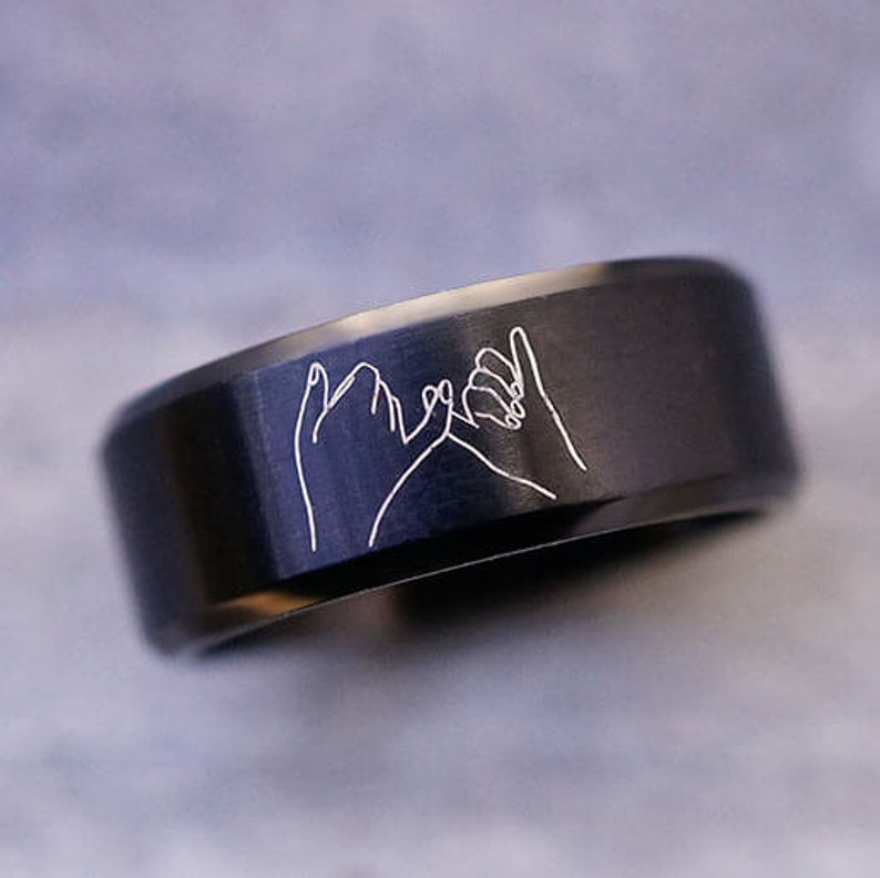 Pinky Promise Ring for Men, Pinky Swear Band Black 8mm, Custom Engraved Wedding Rings 