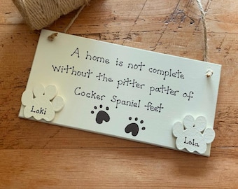 Personalised Cocker Spaniel Gift With Two Names Wooden Plaque Rustic Handmade Dog Lover Gift