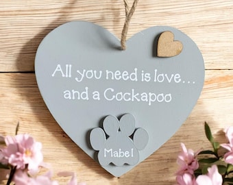 Personalised Cockapoo Wooden Heart Sign: Rustic Dog Name Plaque