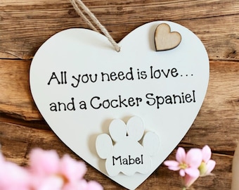 Personalised Cocker Spaniel Wooden Heart Plaque, Rustic Wall Decor Dog Lover Gift