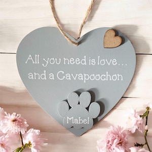 Personalised Cavapoochon Wooden Heart Sign, Rustic Dog Lover Gift