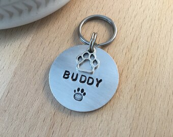 Hand Stamped Personalized Dog Tag: Aluminium Pet ID with Paw Print