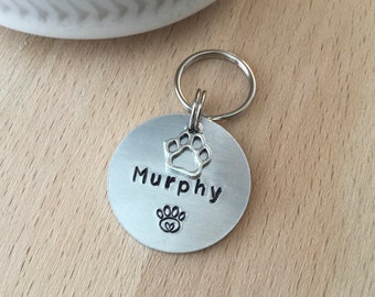 Hand Stamped Aluminum Dog Tag: Personalised Pet ID, Paw Charm