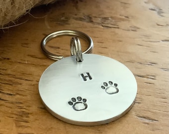 Personalised Dog Tag Hand Stamped Aluminium Initial Paws Round Disc Custom Handmade