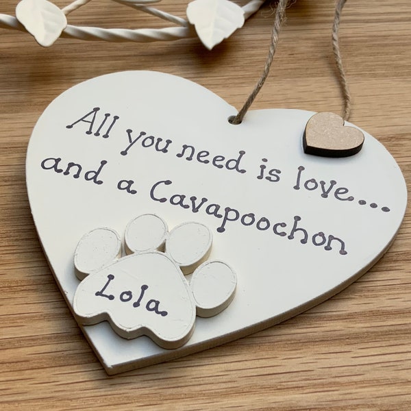 Cavapoochon Gift, Personalised Wooden Hanging Heart for Cavapoochon Owner, Cavapoochon Lover Gifts