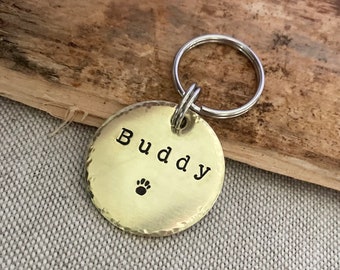 Brass Dog Name Tag Custom Pet ID Hammered Edge